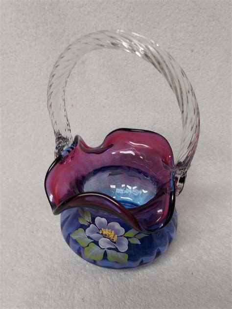 Fenton Art Glass Mulberry Basket Vase Vintage 1990 S Handpainted By J Hayhurst Limited Edition