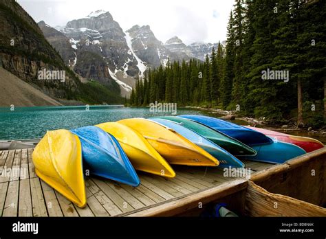 Colorful Canoes On Moraine Lake In Banff National Park In Alberta