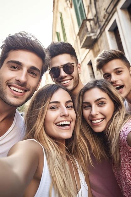 Premium Ai Image Shot Of A Group Of Friends Taking Selfies On Vacation Created With Generative Ai