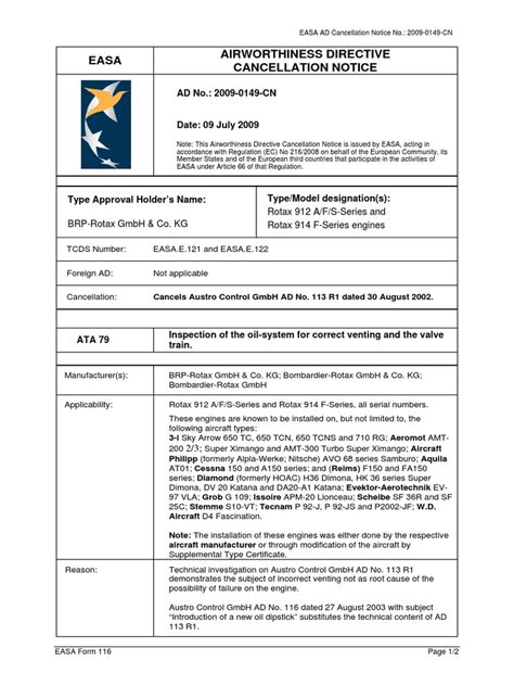 Easa Airworthiness Directive Cancellation Notice Ad No 2009 0149 Cn