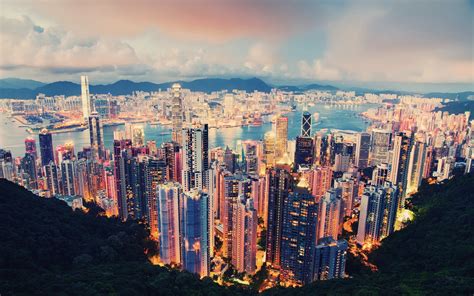 Wallpaper Lights Sunset City Cityscape Hong Kong Clouds Skyline