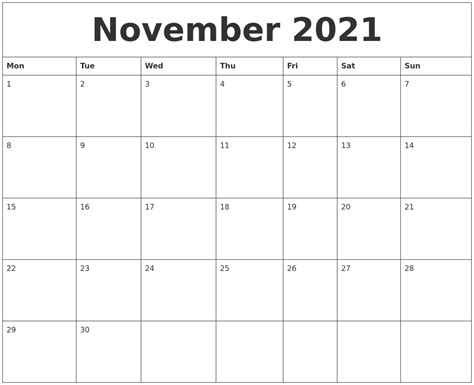 November 2021 Calendar Month