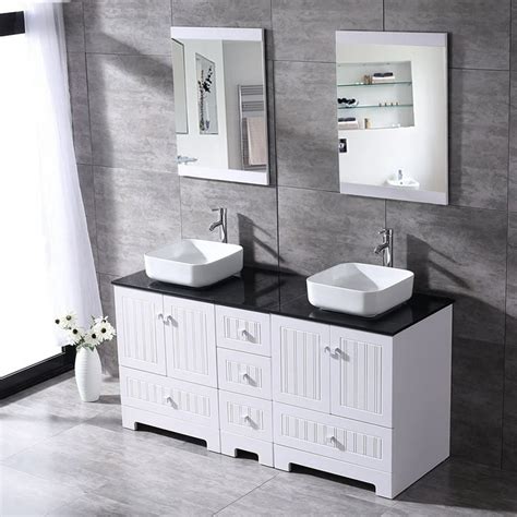 Wonline 60 White Double Bathroom Vanity Cabinet And Round Ceramic Sink
