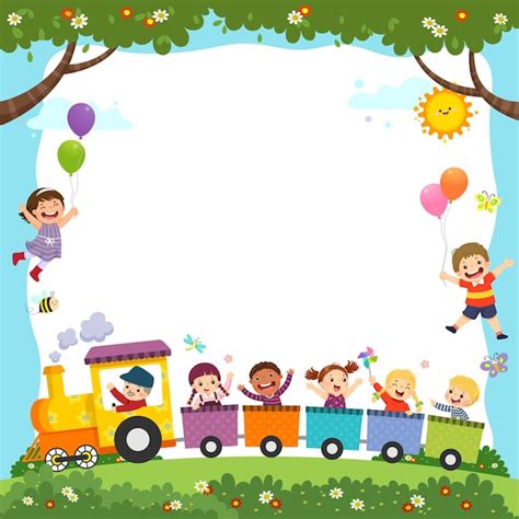 Plantilla Con Dibujos Animados De Niños Felices En El Tren Vector Premium