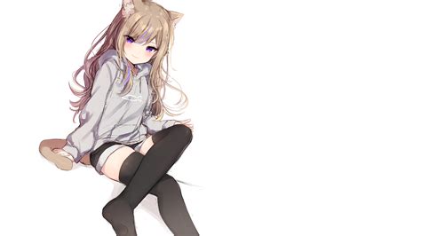 Purple Eyes Long Hair Bangs Sitting Blonde Cat Girl Anime Anime