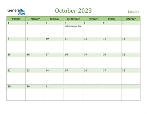 Lesotho October 2023 Calendar With Holidays