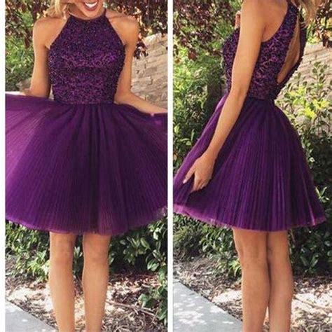Keyhole Back Homecoming Dresspurple Homecoming Gownhalter Party Dress