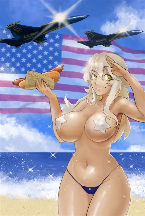1girl Aircraft Airplane American Flag Bikini Bikini Bottom Blonde Hair
