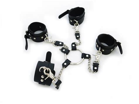 Four Way Bdsm Restraints Leather Bondage Kit With Hog Tie Connector