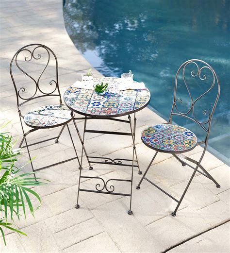 Mosaic Tile 3 Piece Bistro Set With Folding Chairs And Table Outdoor