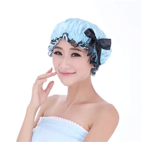 high quality lady shower caps women waterproof elastic band sexy lace bow hat hair bath shower