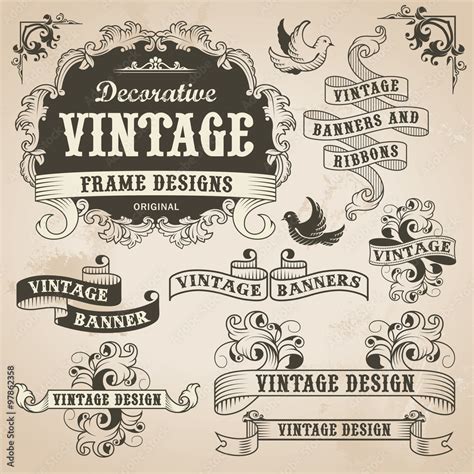 Vettoriale Stock Vintage Retro Hand Drawn Banner Set Vector