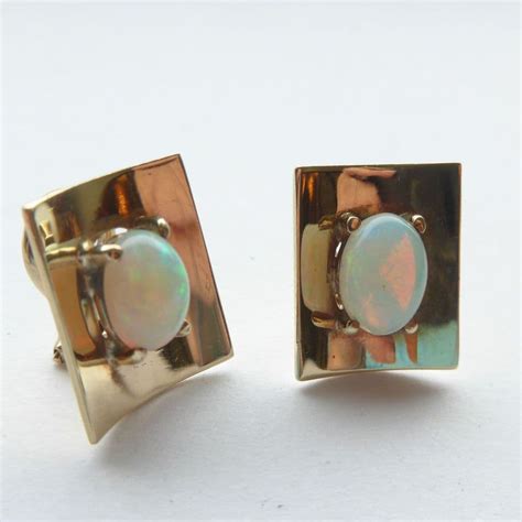 Unusual Mid Century Opal And 9ct Gold Clip On Earrings