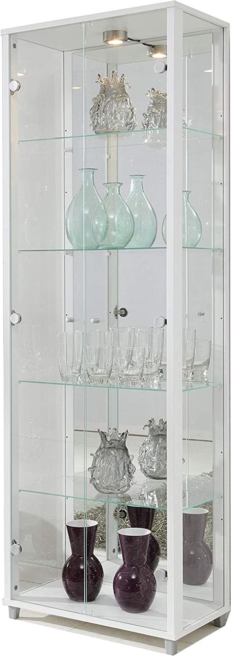 Buy Lockable Fully Assembled Home White Double Glass Display Cabinet 7 Glass Shelves Mirror