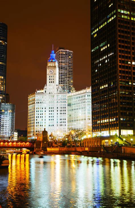 Chicago Wrigley Building And Tribune Tower At Night Stock