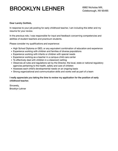 Early Childhood Teacher Cover Letter Velvet Jobs