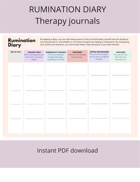 Rumination Diary Journal Printable Depression Worksheet Etsy