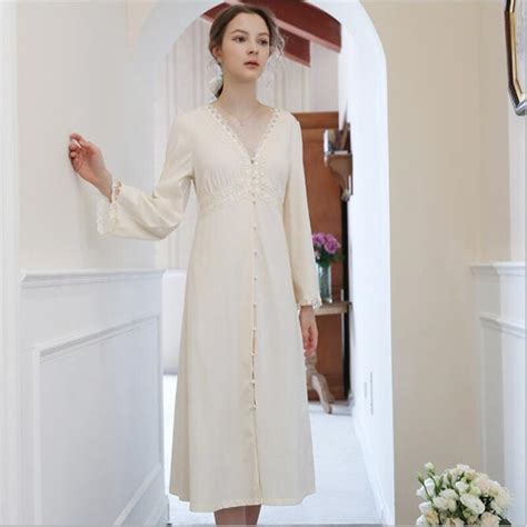 Women Autumn Full Sleeves Cardigan Night Dress Princess Vintage V Neck