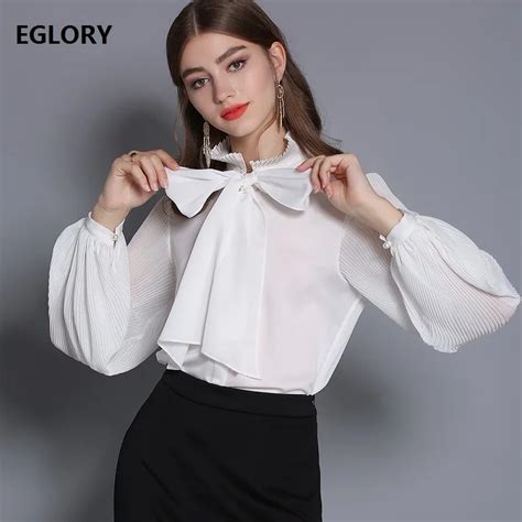 Elegant Bow Tie Blouse 2019 Spring High Quality Women Ruffled Collar Lantern Sleeve Vintage
