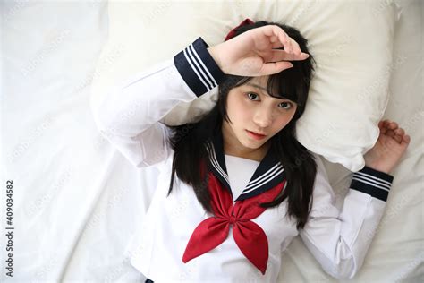 Portrait Japanese School Girl Sleeping In White Tone Bed Room Stock