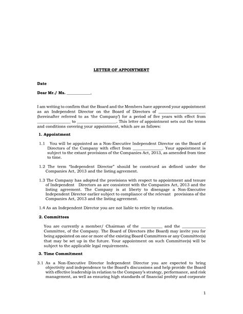 Letter of appointment is the acknowledgement of malaysia royal custom indicates that bintang baru forwarding sdn. Independent Director Appointment Letter | Templates at ...