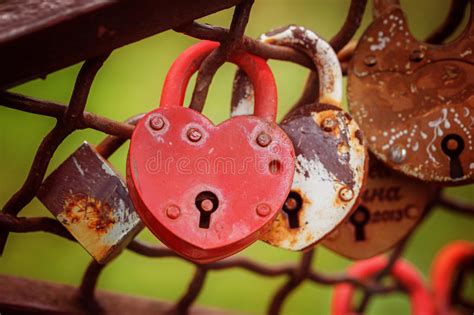 Love Red Heart Shaped Padlock Locked On Iron Chain Stock Image Image