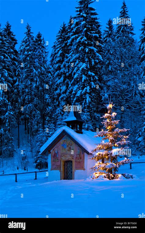 Chapel With Illuminated Christmas Tree In Upper Bavaria Bavaria