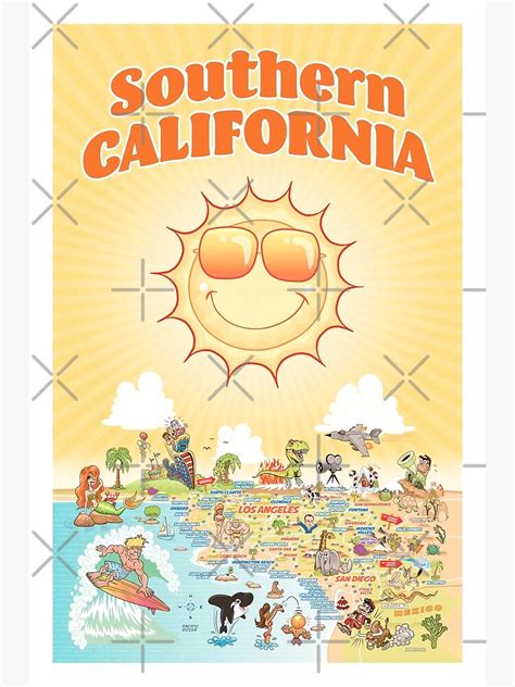 Sunny Cartoon Map Of Southern California Poster By Lines Redbubble