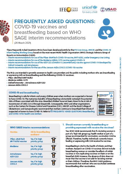 Frequently Asked Questions Covid 19 Vaccines And Breastfeeding Based