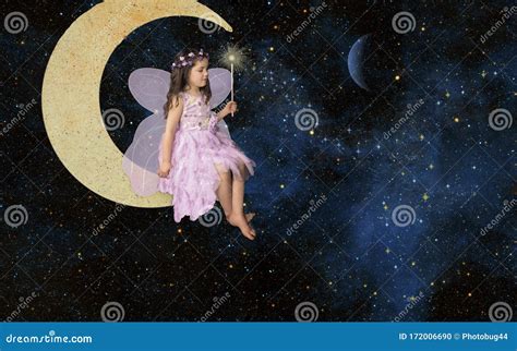 Fairy Girl In Space Sitting On Crescent Moon Stock Photo Image Of