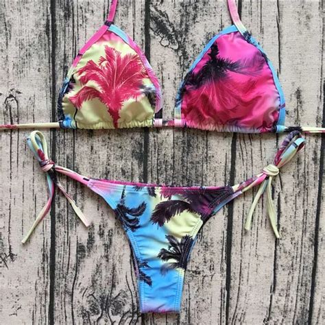 buy sexy thong bikinis swimwear women 2018 tropical leaves print triangle micro