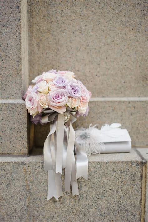 Flat lay, top view festive wedding, birthday table setting with porcelain plate, silk ribbons and floral bouquet of eucalyptus, limonium flowers. Romantic Bouquet | Weddingbells | Ribbon bouquet, Bridal ...