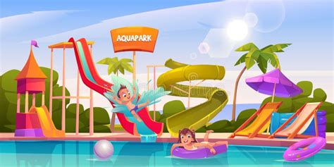 Kids In Aquapark Amusement Aqua Park Attractions Stock Vector