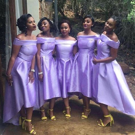 2019 High Low Lavender African Bridesmaid Dresses Off The Shoulder Country Wedding Guest Dress