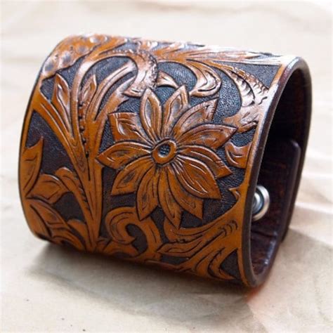 Items Similar To Leather Wide Cuff Bracelet Hand Tooled On Etsy