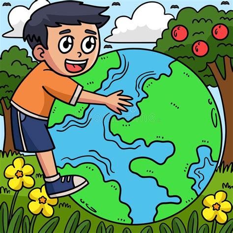 Earth Day Child Embracing Earth Colored Cartoon Stock Vector