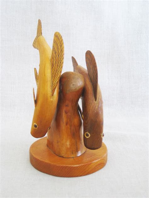 Vintage Fish Carving Folk Art Wood Sculpture Swimming Pair Hand