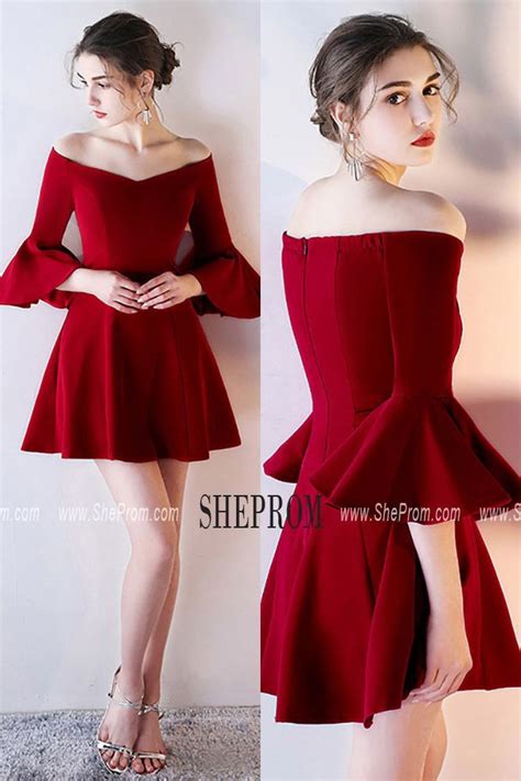 Burgundy Off Shoulder Short Homecoming Dress With Bell Sleeves