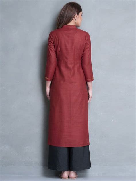 Red Mandarin Collar Thread Embroidered Matka Silk Kurta Silk Kurtas Silk Sarees Long Dress