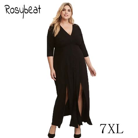 Spring Female Plus Size Solid Long Dress 6xl Ladies Black Clothing Hollow Out Sexy V Neck Big