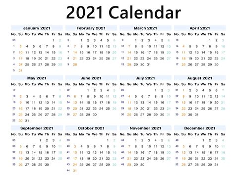 2021 calendar with colorful names of the month. Blank 2021 Calendar Printable | Calendar 2021