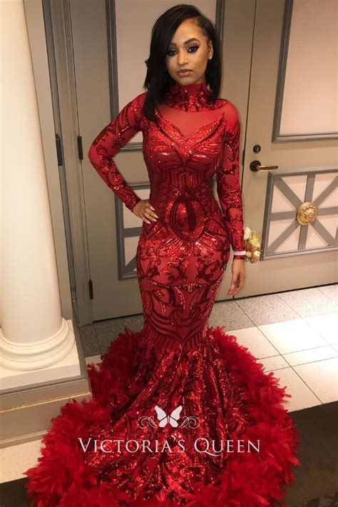 gorgeous red sequin with feather hemline long sleeve mermaid long prom dress vq