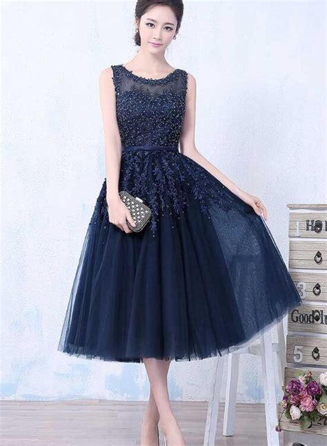 Elegant Vintage Style Tea Length Bridesmaid Dress Navy Blue Party Dre