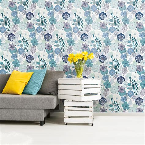 Roommates Blue Perennial Floral Blooms Peel And Stick Wallpaper