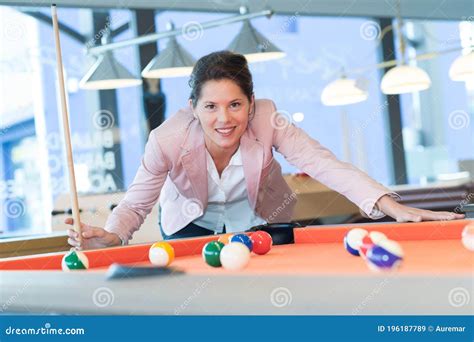 Woman Leaning Over Pool Table Stock Image Image Of Daytime Person 196187789