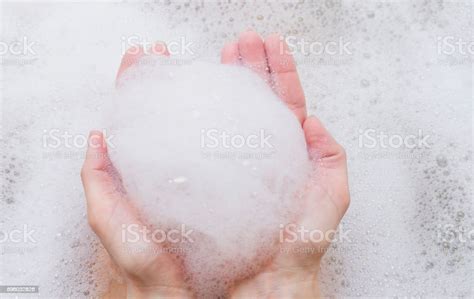 Bubble Bath Foam In Womans Hands Part Of Body Selective Focus Stock