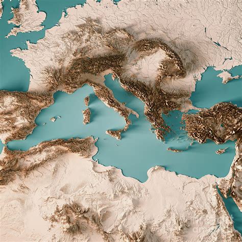 Mediterranean Sea Modern Shaded Relief Map Natural Canada