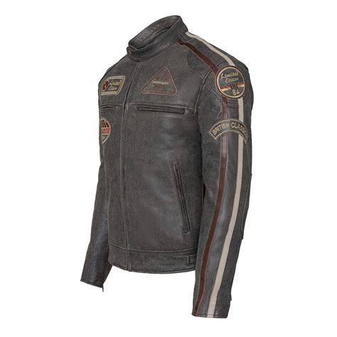 Classic Mens British Striped Biker Leather Jacket With Badges Motorcyc