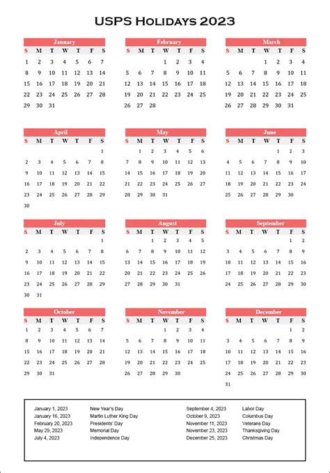 Usps Holidays 2023 Usa Usps Calendar 2023 With Holidays