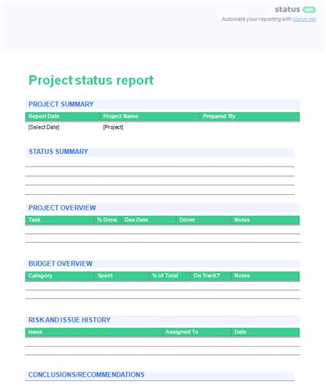 One Page Project Status Report Template Pdf Template